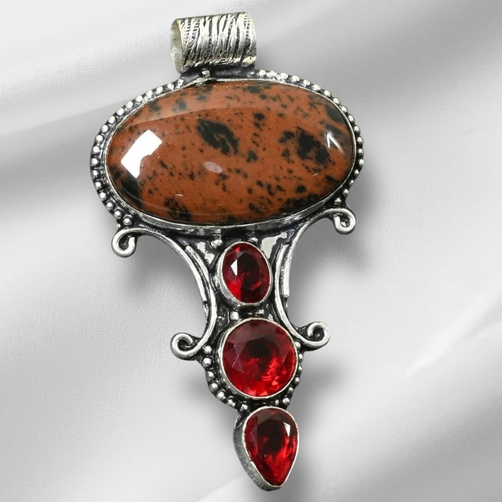 Handcrafted Artisan Mahogany Obsidian Pendant with Deep Red Corundum Accents